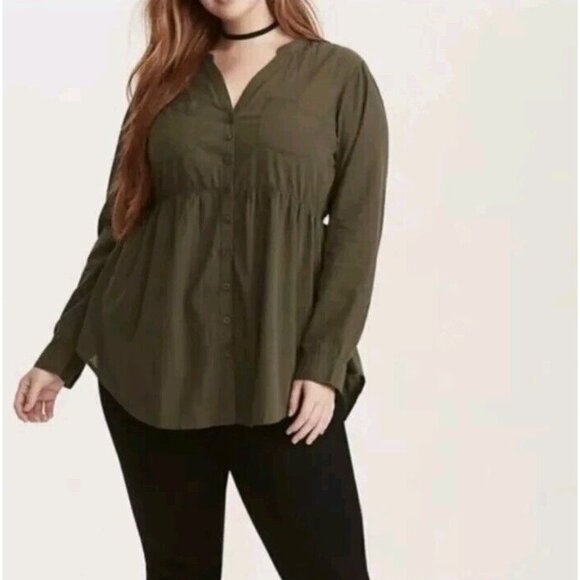 Torrid Shirt Dress Size 1X Challis Army Green Roll Tab Sleeve Zip Up Flaw - Picture 1 of 8